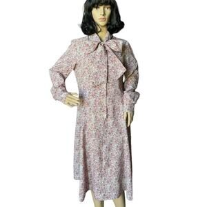 Vintage Contima pink purple floral pop over dress with long pussybow size large